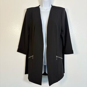 Love ScarlElegant Black Open Front Blazer with Zipper Accents Edgy Modern Office